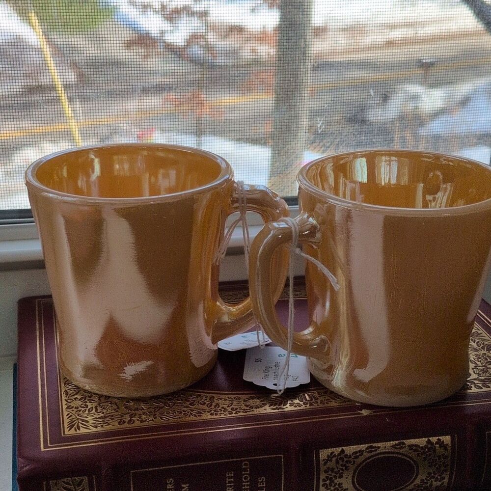 Anchor Hocking Fire King Gold Milk Glass Coffee Mugs Set of 2 Made in USA